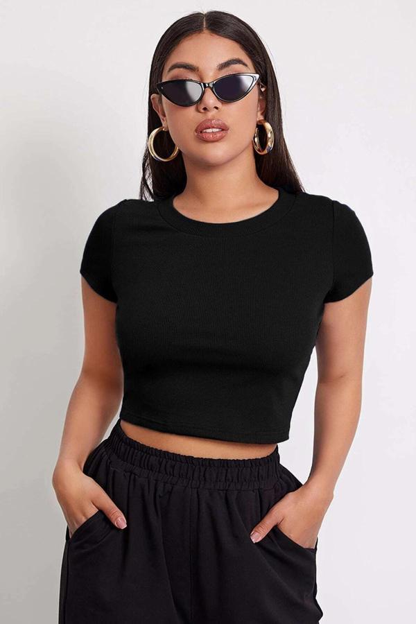 Kadın Siyah Yuvarlak Yaka Yarım Kol Crop Top Bluz - Image 1