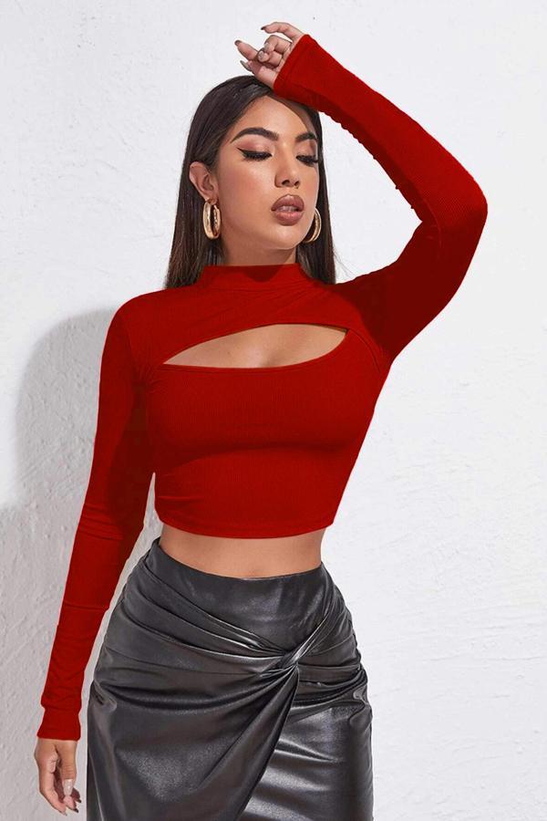 Kadın Kırmızı Göğüs Dekolteli Uzun Kollu Cut Out Crop Top Bluz - Image 1