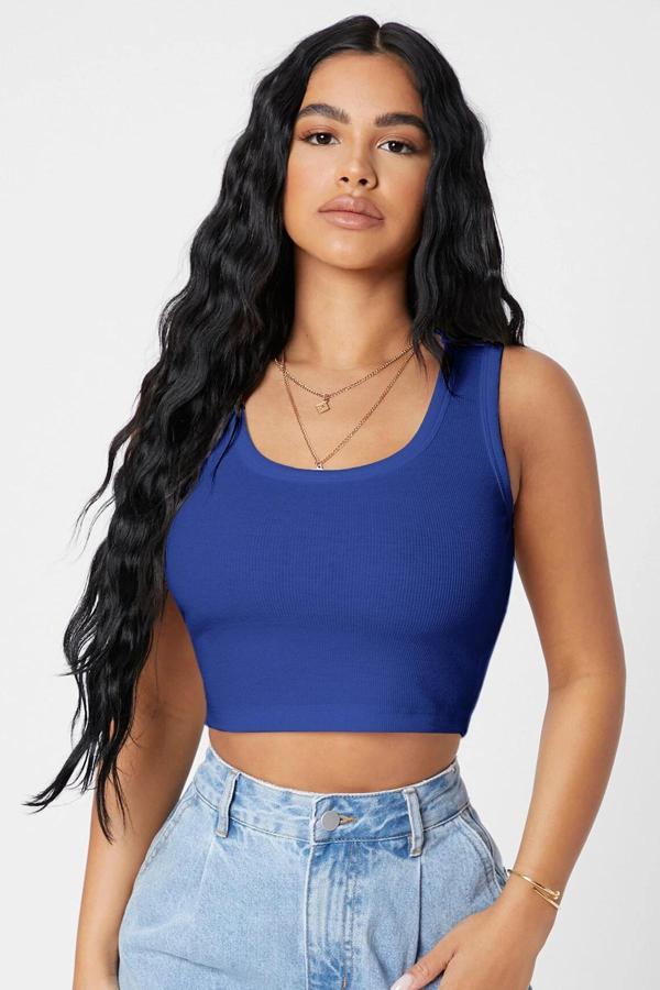 Kadın Lacivert Kare Yaka Crop Top Bluz - Image 1