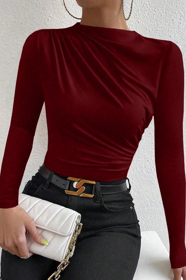 Kadın Bordo Belden Ve Boyundan Büzgü Detaylı Uzun Kollu Bluz - Image 1