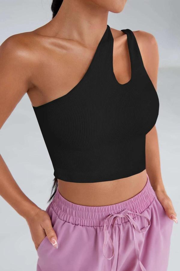 Kadın Siyah Tek Omuz Cut Out Detaylı Crop Top Bluz - Image 1