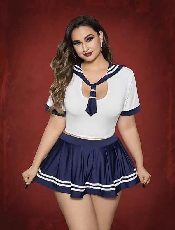 Büyük Beden Lacivert Mini Etekli Fantezi Denizci Kostümü - Image 1