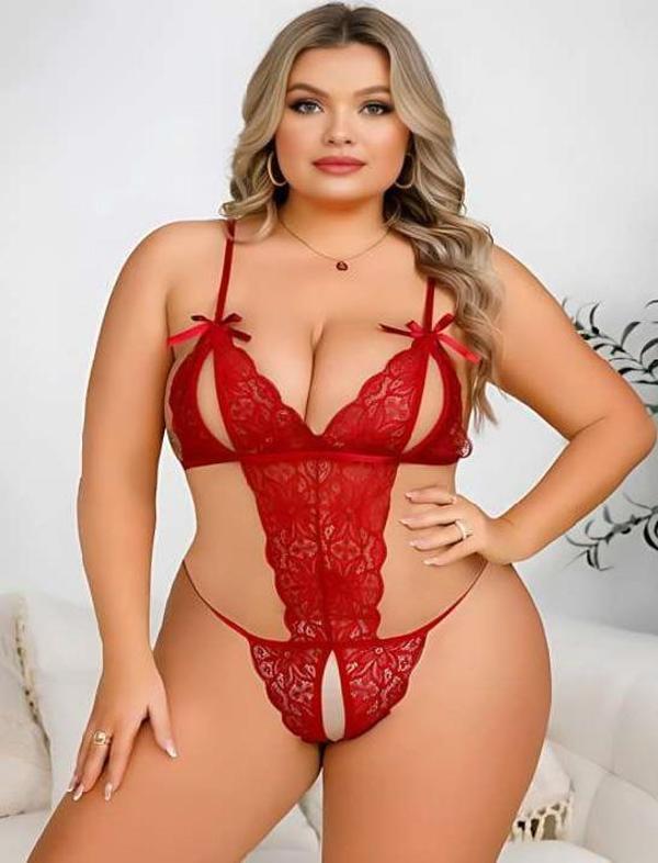 Büyük Beden Kırmızı Dantel İşlemeli Dekolteli Fantezi Babydoll - Image 1