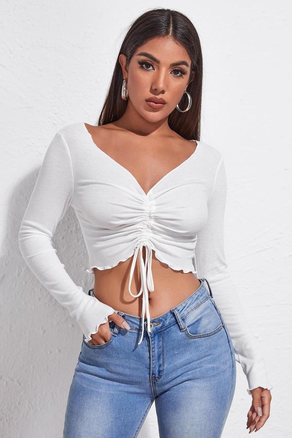 Kadın Beyaz Uzun Kollu Büzdürme Bağcık Detaylı Crop Top Bluz - Image 1
