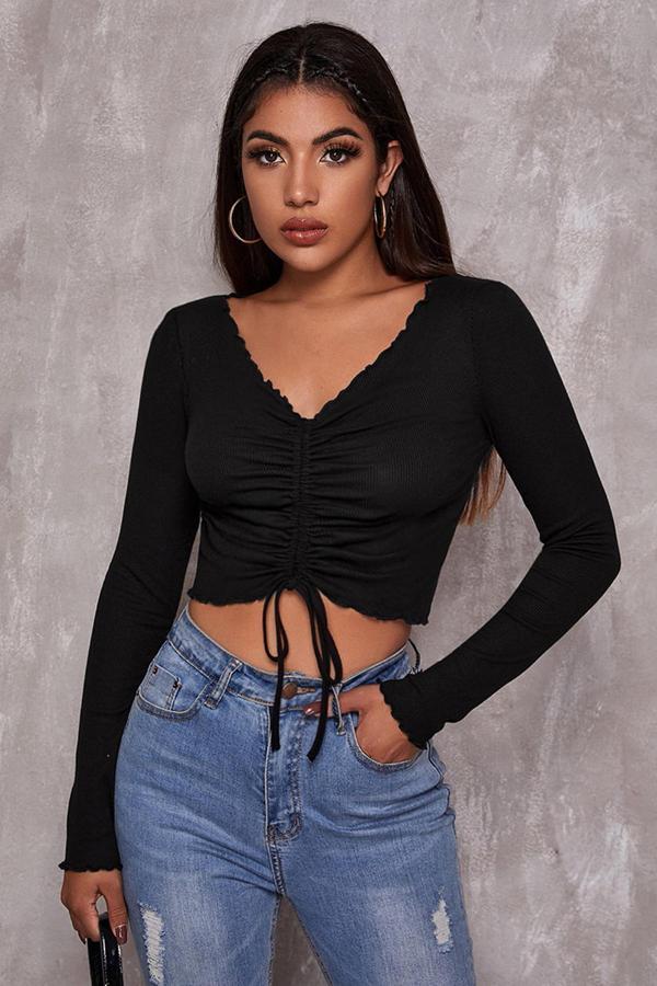 Kadın Siyah Uzun Kollu Büzdürme Bağcık Detaylı Crop Top Bluz - Image 1
