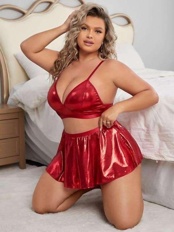 Büyük Beden Kırmızı Deri Etekli Fantezi Kostüm - Image 1