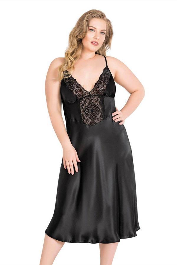 Büyük Beden Siyah Uzun Saten Gecelik - Image 1