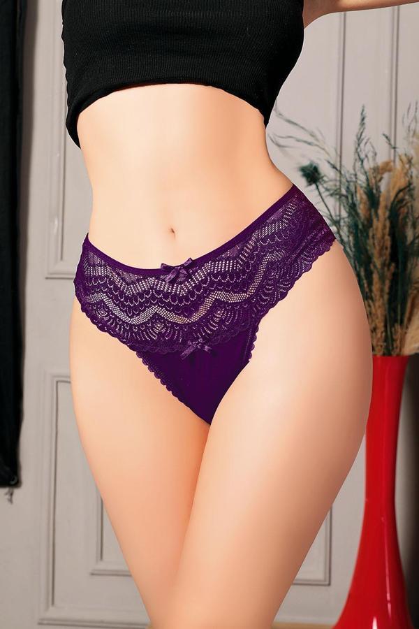 Büyük Beden Bel Kısmı Dantelli Fantezi Mor Tanga String - Image 1