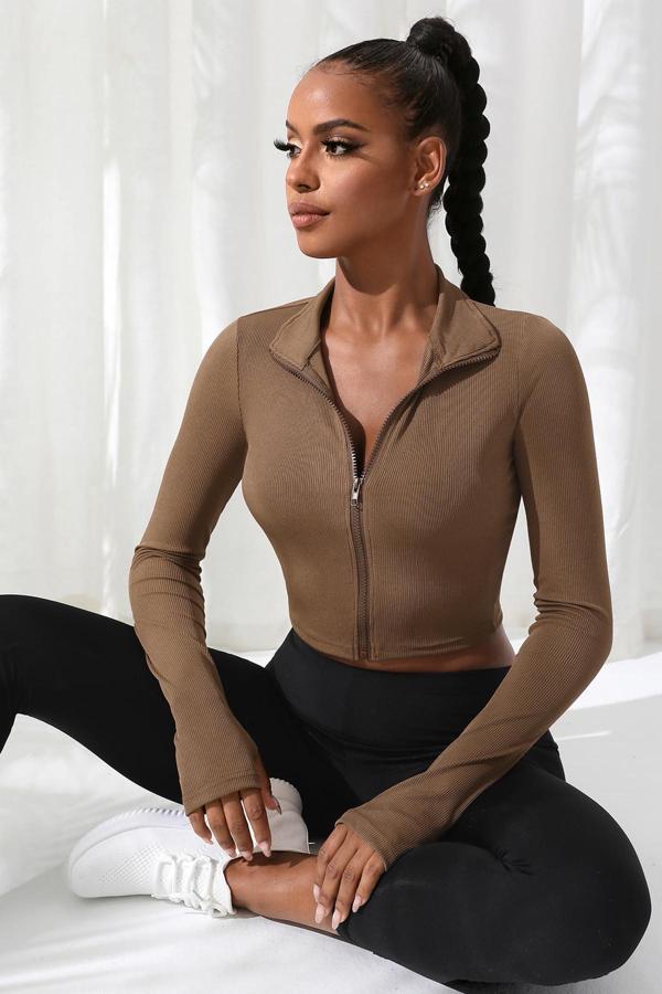 Kadın Kahverengi Uzun Kol Fermuarlı Parmak Geçme Detaylı Dik Yaka Crop Top Bluz - Image 1