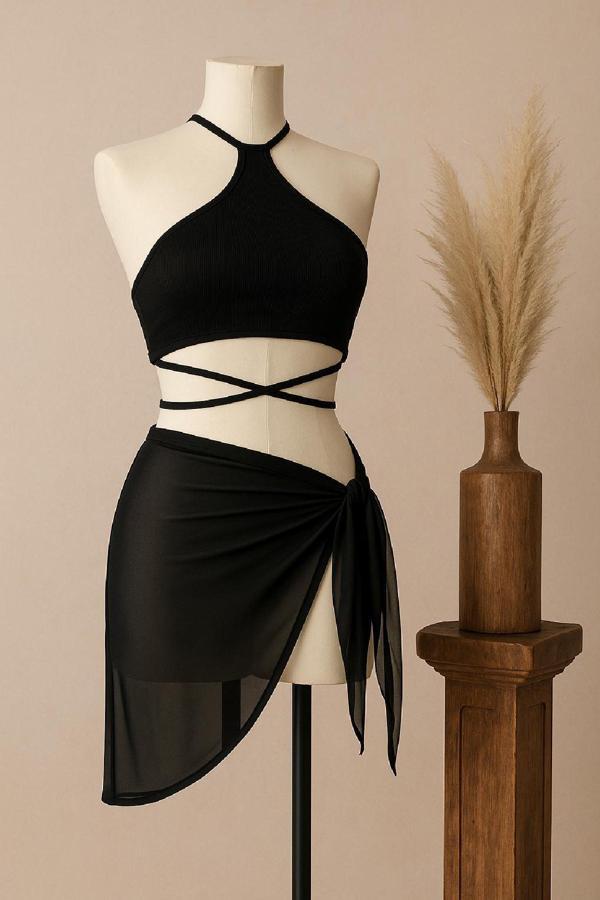 Kadın Siyah Çapraz Bağlamalı Crop Ve Pareo 2'li Set - Image 1