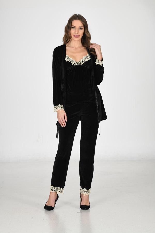 Siyah Kadife Sabahlık & Gecelik Takım 3' Lü - 1441 - Image 1