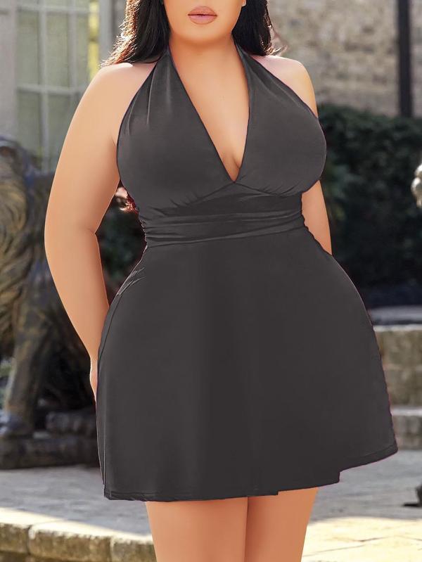 Büyük Beden Antrasit Boyundan Bağlamalı Mini Gecelik - Image 1