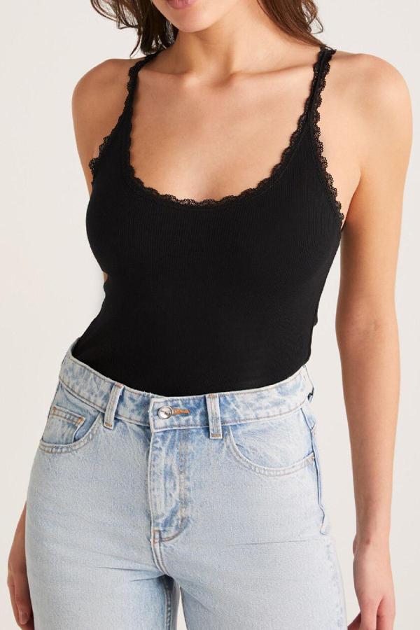 Kadın Siyah Normal Kalıp Dantel Detalı Ince Askılı Oyuk Yaka Atlet - Image 1