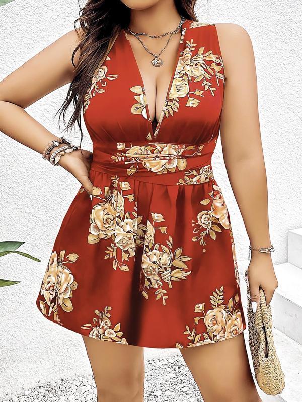 Büyük Beden Kahverengi Üstüne Çiçek Desenli Sırt Detaylı Elbise - Image 1