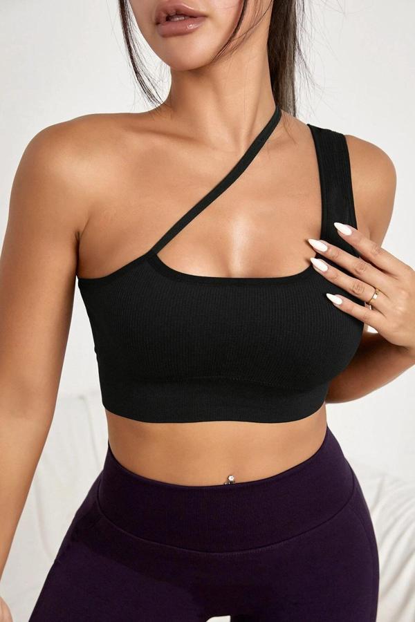 Kadın Siyah Tek Omuzlu Çapraz Askılı Crop Top Büstiyer - Image 1