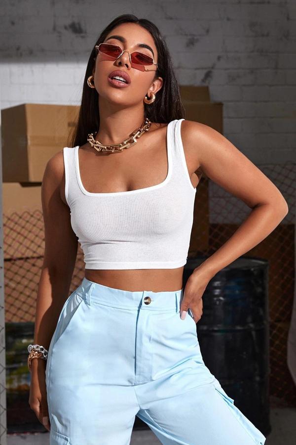 Kadın Beyaz Kalın Askılı Crop Top Büstiyer - Image 1