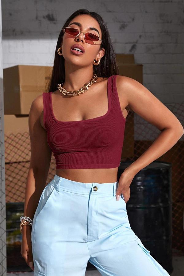 Kadın Bordo Kalın Askılı Crop Top Büstiyer - Image 1