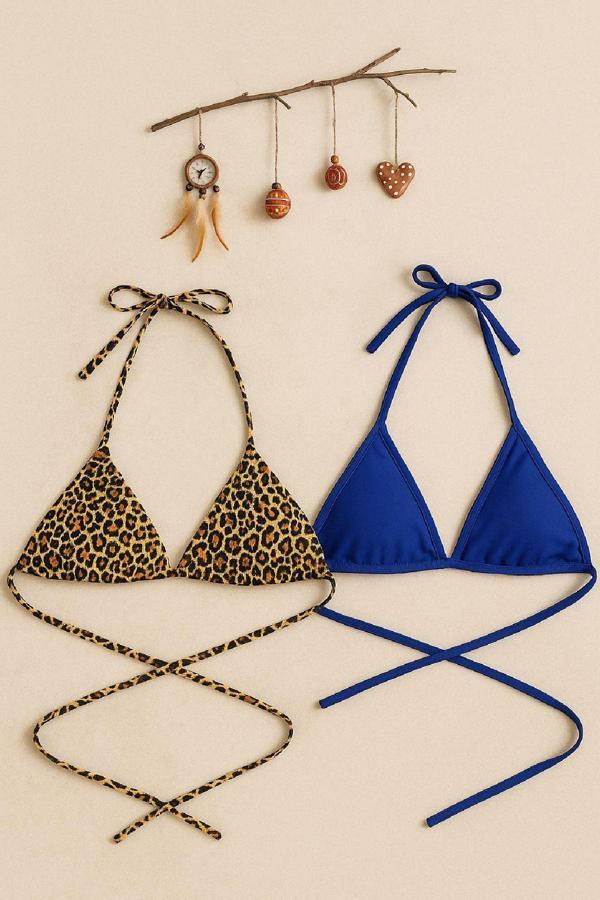 Kadın Leopar Desenli Ve Mavi Minimal Kesim Üçgen Bikini Üstü - Image 1