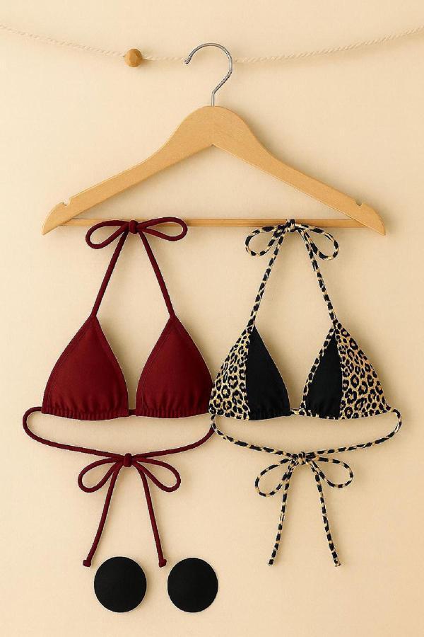 Kadın Leopar Desenli Ve Bordo Minimal Kesim Üçgen Bikini Üstü - Image 1
