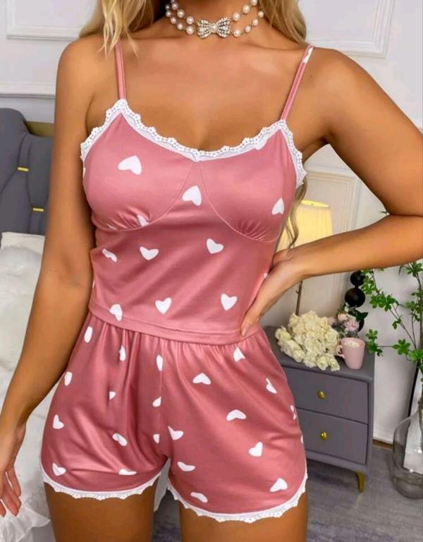 Kadın Pudra Kalp Desenli Seksi Gecelik Takım 6641 - Image 1