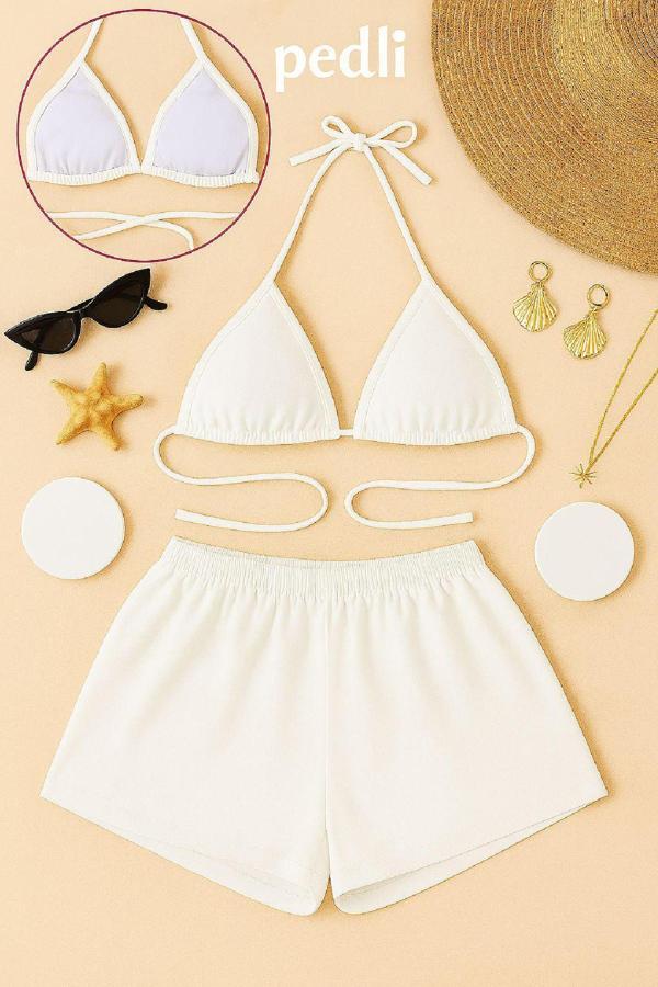 Kadın Beyaz Şortlu Belden Ve Boyundan Bağlamalı Bikini Takımı - Image 1