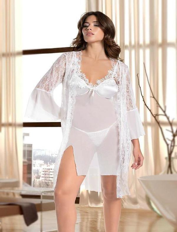 Beyaz Transparan Dantel İşlemeli Tül Yırtmaçlı 2'li Gecelik Takımı - Image 1