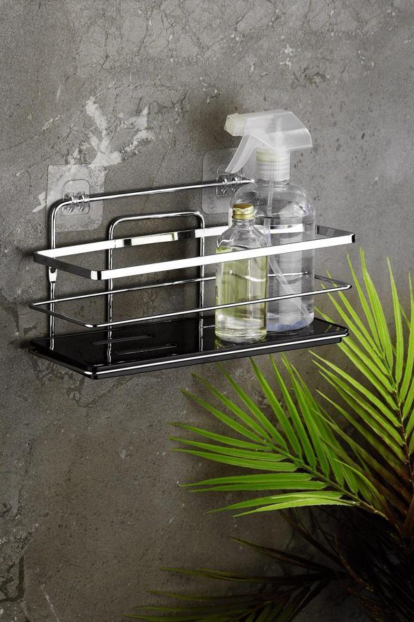 Yapışkanlı Ömür Boyu Paslanmaz Kristal Ayarlanabilir Raf Banyo Düzenleyici Şampuanlık Krom - Siyah L - Image 1