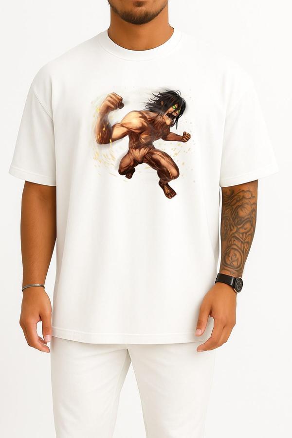 Oversize Attack On Titans Eren Göğüs Tasarımlı Unisex T-Shirt - Image 1