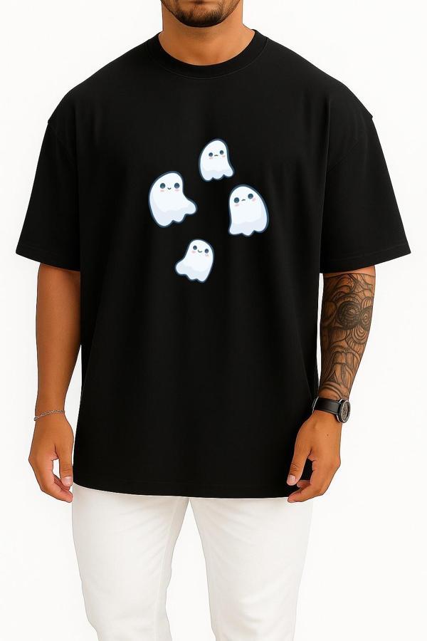 Oversize Ghost, Kawaii, Halloween Göğüs ve Sırt Tasarımlı Unisex T-Shirt - Image 1