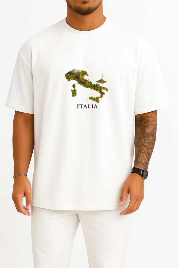 Oversize İtalya Haritası Göğüs Tasarımlı Unisex T-Shirt - Image 1