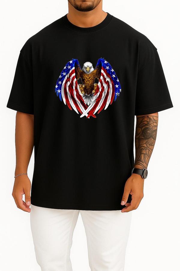 Oversize Bald Eagle Flag Of The United States Göğüs Tasarımlı Unisex T-Shirt - Image 1