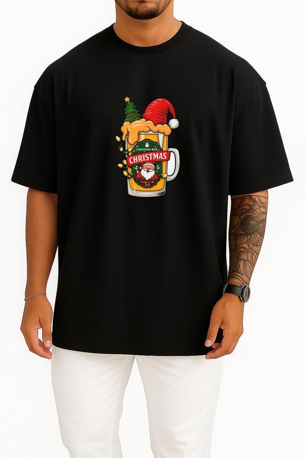 Oversize Yılbaşı Beer Bardak Göğüs Tasarımlı Unisex T-Shirt - Image 1
