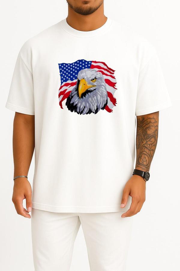 Oversize Amerika Kartalı Ve Amerika Bayrağı Göğüs Tasarımlı Unisex T-Shirt - Image 1