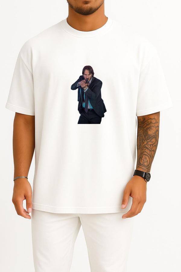 Oversize Keanu Reeves John Wick Göğüs Tasarımlı Unisex T-Shirt - Image 1