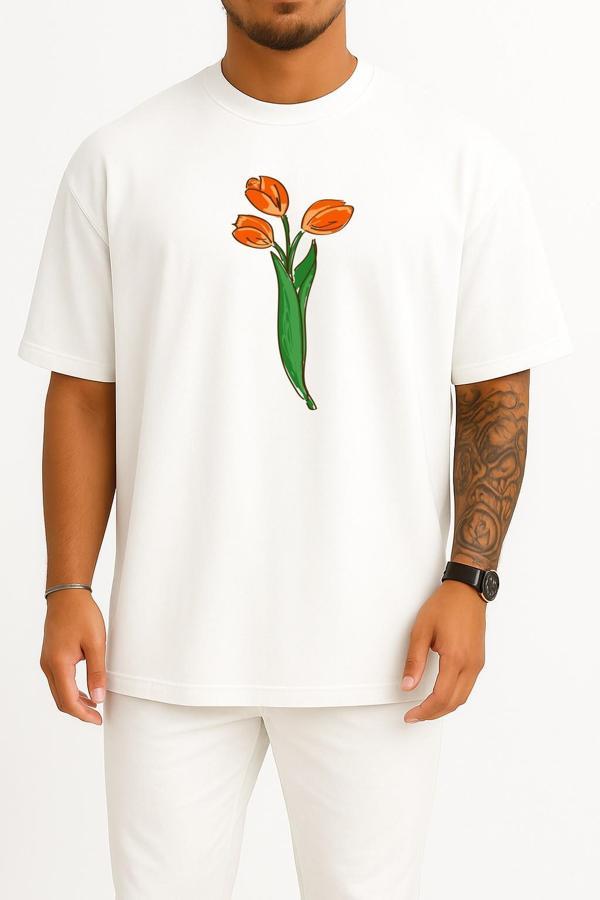 Oversize Hollanda Lale Göğüs Baskılı Unisex T-Shirt - Image 1