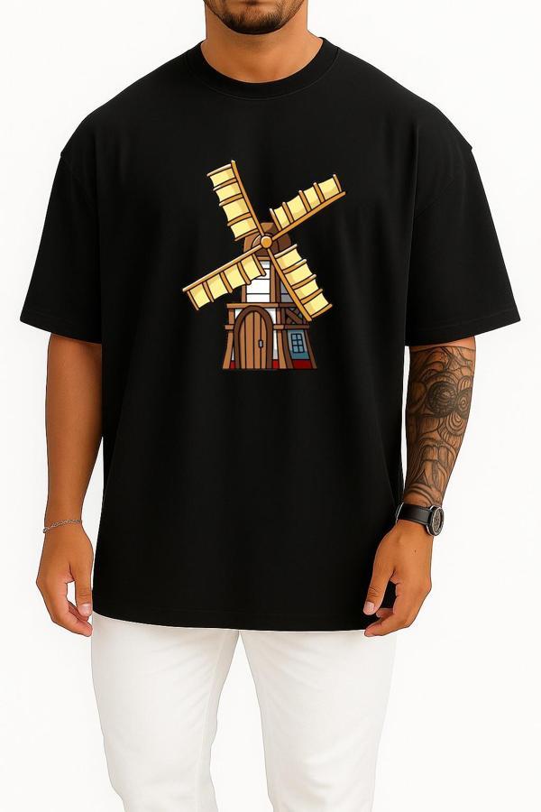 Oversize Kahverengi Ve Sarı Yel Değirmeni Göğüs Baskılı Unisex T-Shirt - Image 1