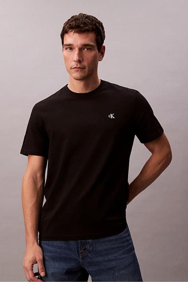 Calvin Klein Erkek Regular Fit Monogram Nakışlı Pamuklu T-Shirt - Siyah - Image 1