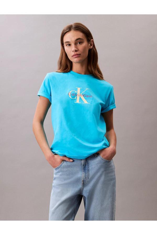Calvin Klein Kadın Normal Kalıp Yuvarlak Yakalı %100 Pamuk Ck Logo Baskılı Kısa Kollu Mavi T-Shirt Lv047B865G-Xf7 - Image 1