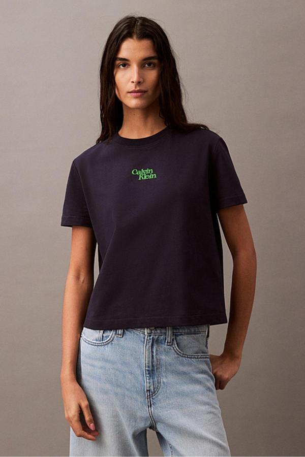 Calvin Klein Kadın Ck Flocked Logo T-Shirt - Lacivert - Image 1