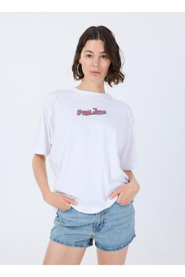 Guess Beyaz Kadın Yuvarlak Yaka Oversized T-Shirt Gj Ss Cn Os Curved L - Organic Cott - Image 1