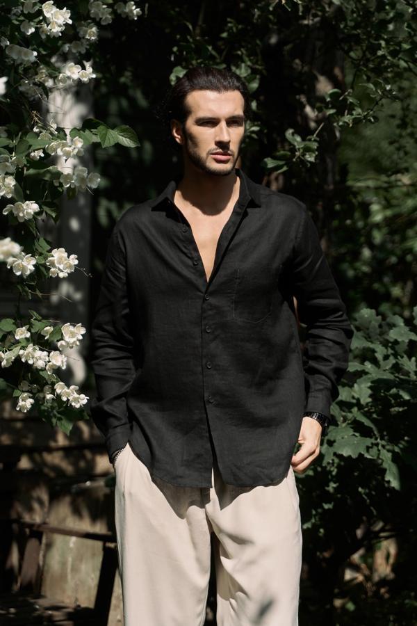 Ombretta Siyah Keten Oversize Erkek Gömlek - Image 1