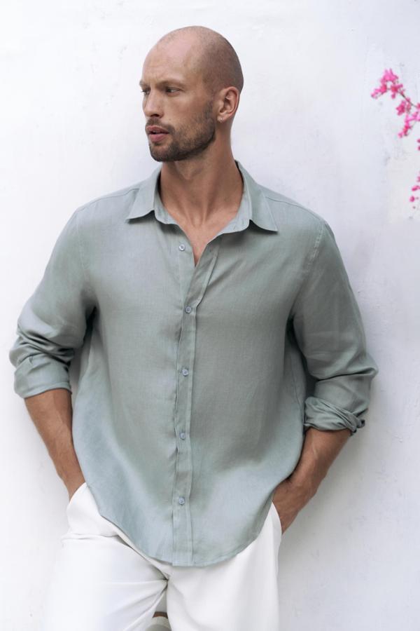 Bice Mint Keten Oversize Erkek Gömlek - Image 1