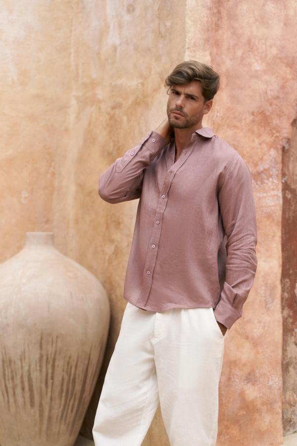 Agnola Oversize Erkek Açık Bordo Keten Gömlek  - Image 1