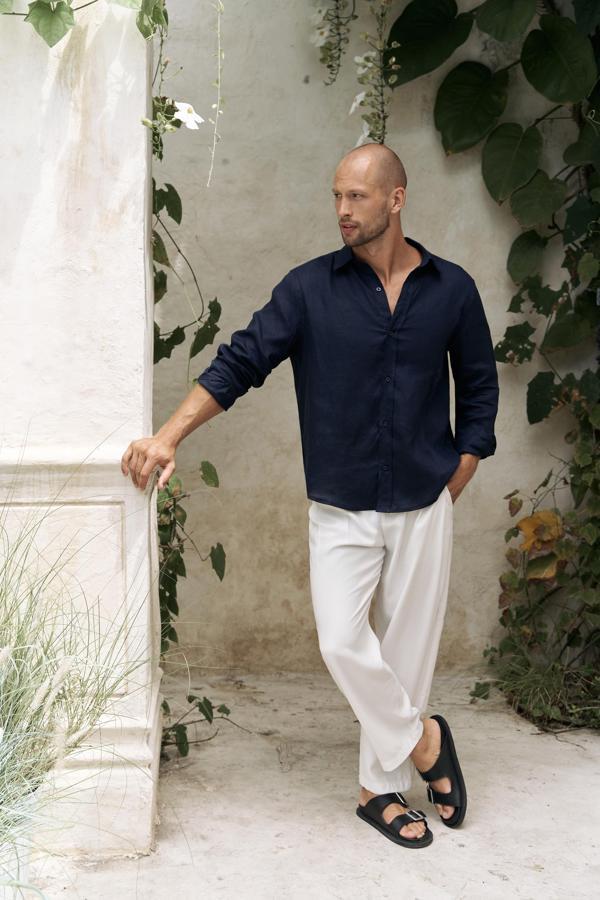 Bice Lacivert Keten Oversize Erkek Gömlek - Image 1