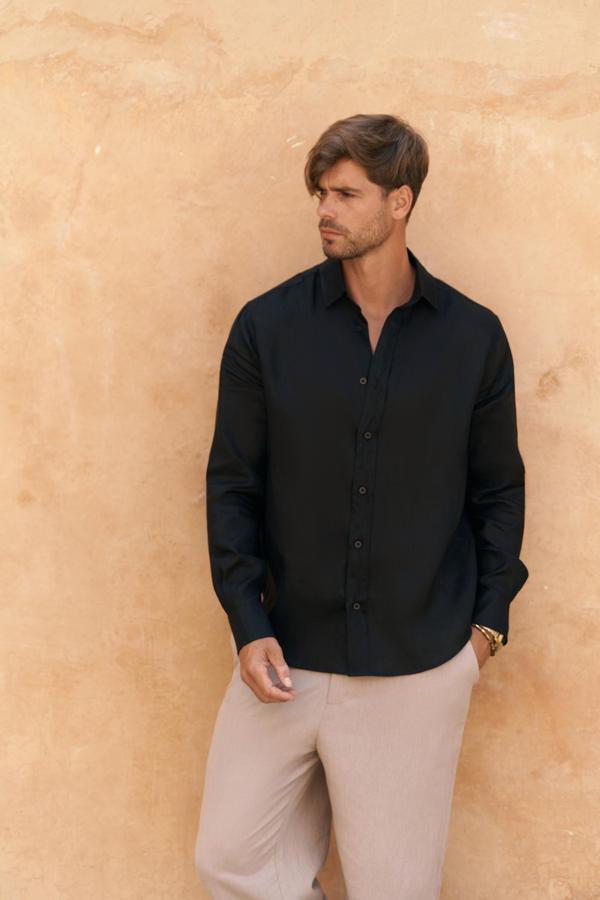 Agnola Oversize Erkek Siyah Keten Gömlek  - Image 1
