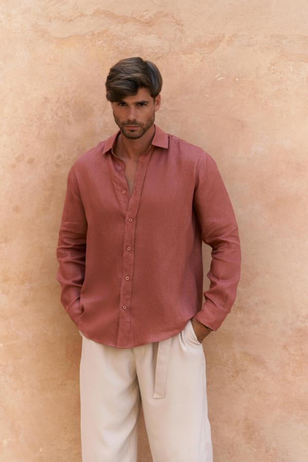 Agnola Oversize Erkek Tarçın Keten Gömlek - Image 1