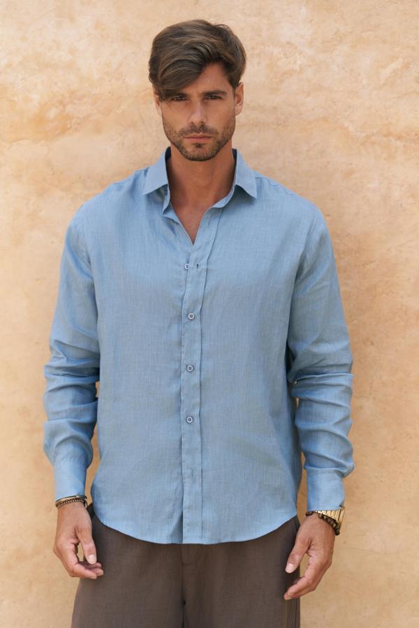 Agnola Oversize Erkek Mavi Keten Gömlek - Image 1