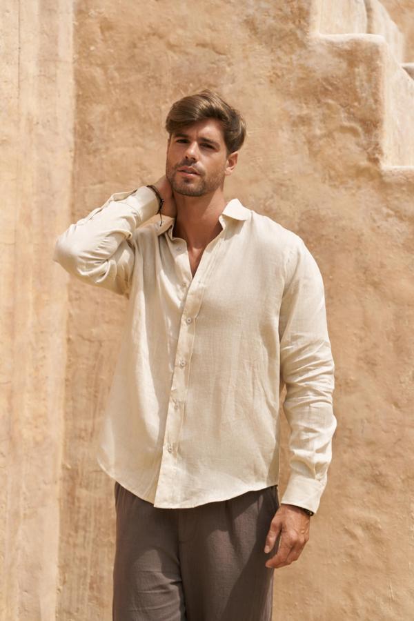 Agnola Oversize Erkek Taş Keten Gömlek - Image 1