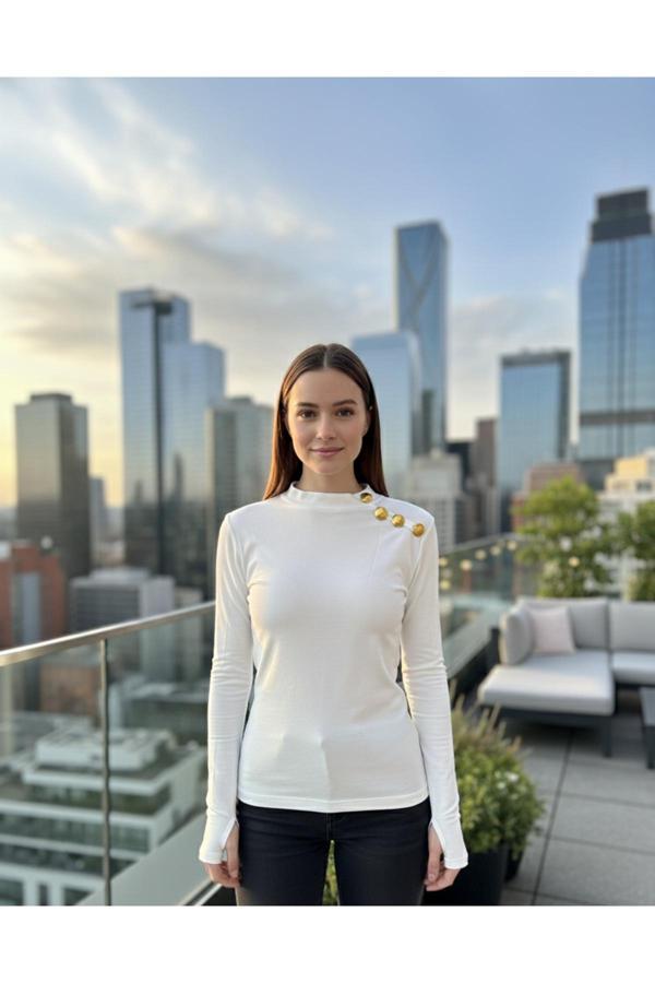 Günlük Moda Kadın Bluz Siyah Düğme Aksesuarlı Kaşkorse - Image 1