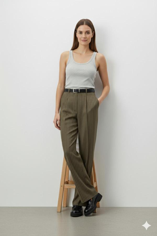 Günlük Moda Kadın Çizgili Paça Kemerli Palazzo Pantolon - Image 1